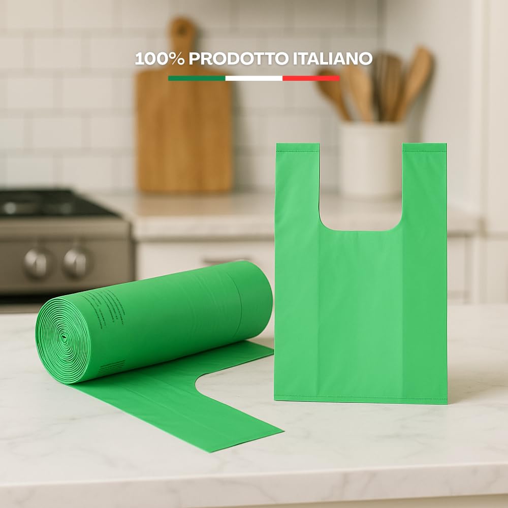 Palucart® 375 Sacchetti Biodegradabili f.to 55 x 68 da 30 Litri, Sacchi Raccolta Umido Salvagoccia con Manico lungo, 25 Rotoli da 15 Sacchi Organico compostabili e biodegradabili colore verde - M