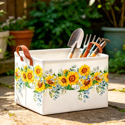 Image of CLOCOR Rectangular Storage Basket Empty,Gift Basket,Waterproof Storage Bin with Handles,Room Decor(Sunflower Rope)