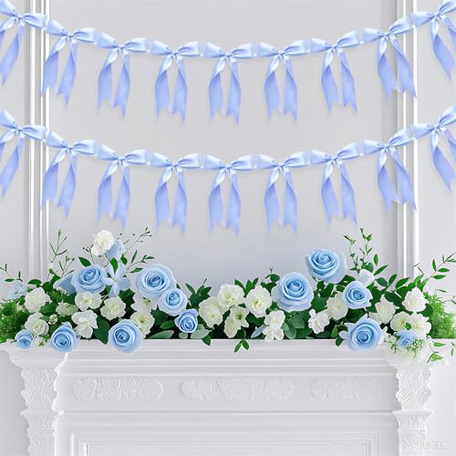 Image of 2pcs Bow Garland Banner Ribbon Bow Party Decorations for Baby Shower Decor Tying The Knot Girls Bow Coquette Birthday Party Decoration (Blue)