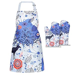 Viedouce Keukenschort,Kookschort met 2 pack katoenen Ovenwanten Kookhandschoenen,Verstelbare Waterdichte Barbecue Schort…