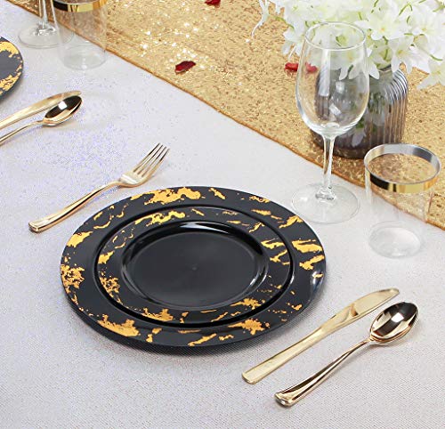 Nervure 102Pcs Black Marbling Plastic Plates - Disposable Black Plastic Plates - Black And Gold Plastic Plates Include 51 Black Dinner Plates 10.25Inch, 51 Salad Plates 7.5Inch For Party & Wedding #TOP3