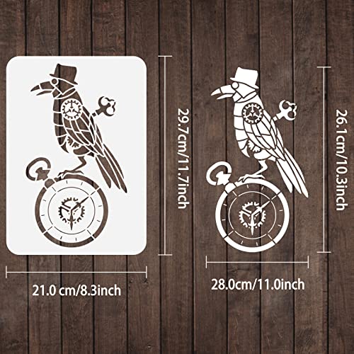 FINGERINSPIRE Steampunk Crow Stencil 21x29.7cm Hollow Out Painting Stencil Crow Drawing Template Spring Clock Pattern Stencil Mechanical Style Stencil for Furniture Door Wall Decor - Image 2