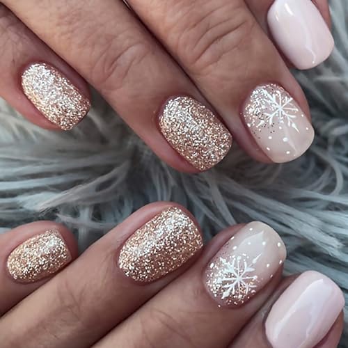 Christmas Press on Nails Square Short Fake Nails With Snowflake D...