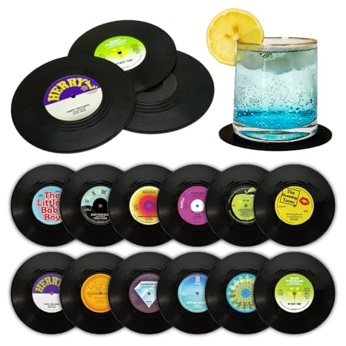 Somisgarden Vintage Vinyl Record Coasters 12-Piece Set - Non-Slip Absorbent Drink Coasters Ideal Gift for Music Enthusiasts & Retro Decor(M3)