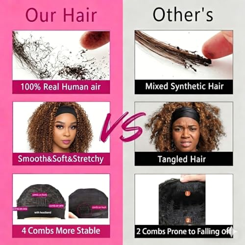 Image of Punmasa Headband Wig Human Hair Deep Wave 4 /27 Human Hair Headband wigs for women Glueless None Lace Front Wig Machine Made 150% Density headband wig human hair with Headbands (12Inch)