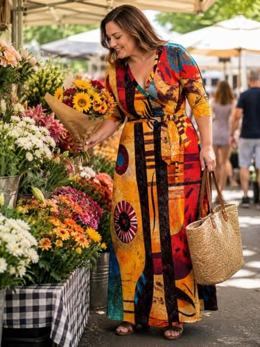 Image of SUZONANA Plus Size Maxi Dresses for Curcy Women Casual Loose 3 /4 Sleeve Long Dress with Belt