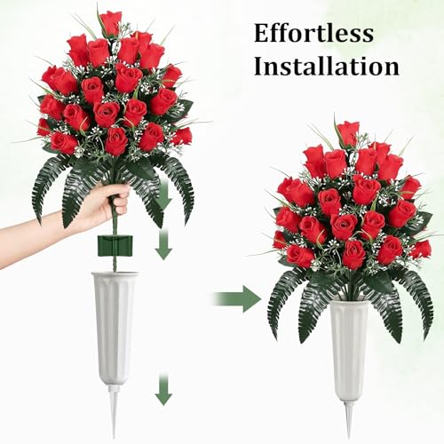 Lewondr Artificial Cemetery Flowers with Vase, 2 Sets Outdoor Grave Decorations UV Resistant Silk Rose Bouquet Graveyard Memorial Flowers for Cemetery Headstones Decoration, Red image 3