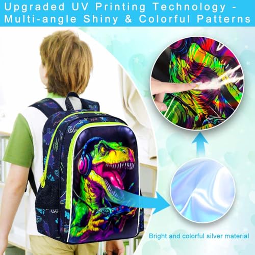 Image of CCJPX 3Pcs Dinosaur Backpack for Boys, 16 inch Gamer Kids Bookbag with Lunch Box, Cool Water Resistant Schoolbag for Preschool Kindergarten Toddler(Black)