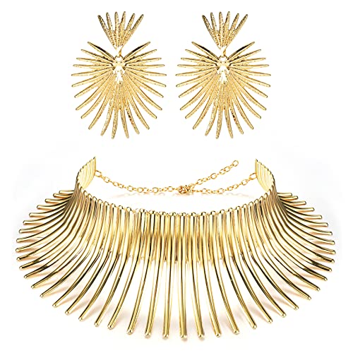 JeweBella 3 Stück Afrikanische National Statement Halskette Ohrringe Set für Damen Agypten Halsketten Gold African Choker Halsband Verstellbares Gold Statement Zahnform Tribal Afrikanischer Schmuck