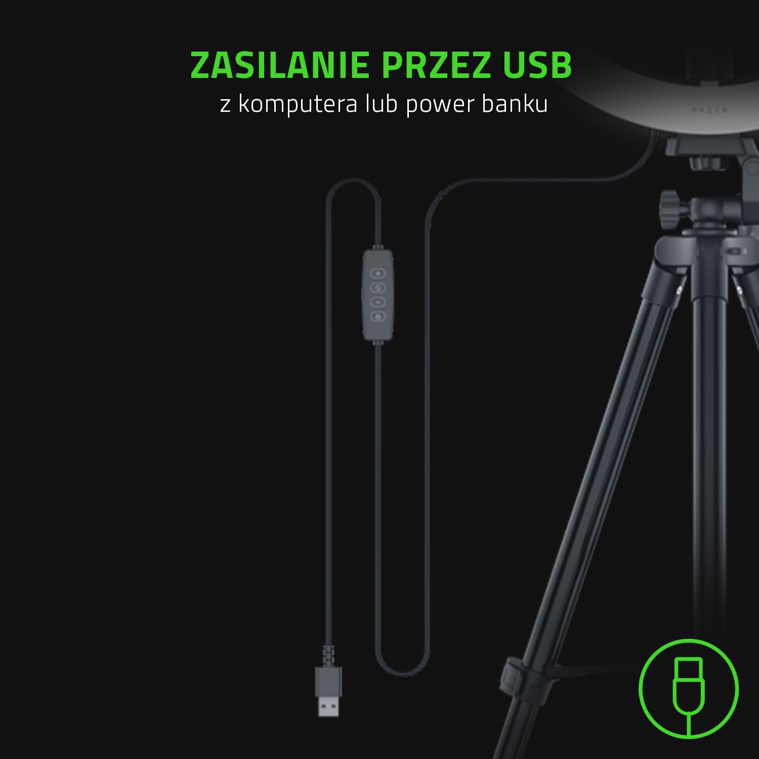 Razer Ring Light - 12-calowa lampa pierścieniowa LED USB + Statyw do streamingu z komputerów PC i urządzeń mobilnych (Regulowane spektrum światła, Wszechstronne opcje mocowania) Czarny