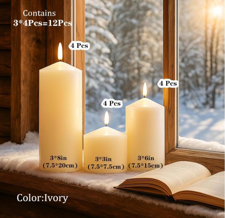 Ivory Pillar Candles Bulk Set of 12, 3 Different Lengths 3 x 3/6/8 Inch (4 Each), Hurricane Candles, Dripless Unscented Smokeless, Gives You a Better Atmosphere When Organizing an Event Party. - Image 2