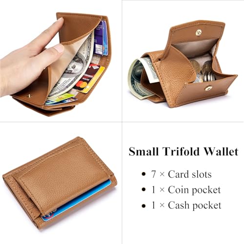 Image of Small Wallet Women Genuine Leather RFID Blocking Trifold Tiny Wallets with Snap Coin Pouch 7 Card Solts