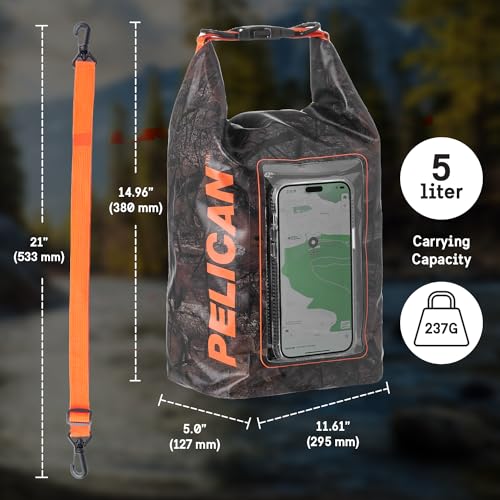 Image of Pelican Marine IP68 Waterproof Dry Bag 5L w /Phone Pouch /Case - Hunter Camo | Roll Top Waterproof Backpack with Touchscreen Phone Pouch - Swimming, Kayaking, Camping, Rafting, Fishing & Travel Essentials