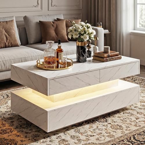 Manora Marmor Couchtisch Weiß mit LED und Schubladen Wohnzimmertisch Weiss Marmor-Optik Moderner Design Sofatisch Beistelltisch Wohnzimmer Möbel