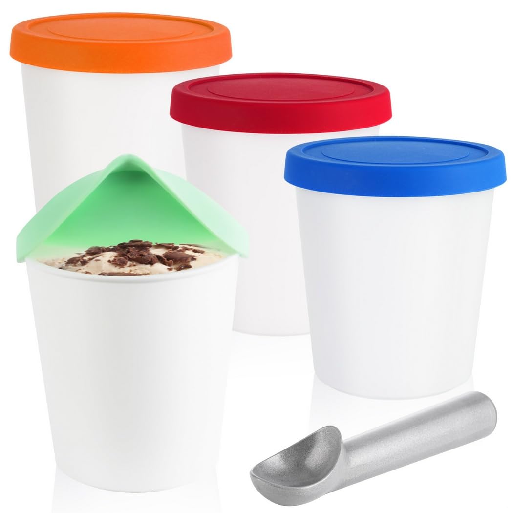 Set di 4 vaschette per gelato con coperchio e paletta, contenitori da 1 litro per sorbetto e dolcetti fatti in casa, riutilizzabili e lavabili in lavastoviglie