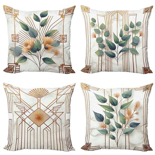 Ambesonne Eucalyptus Throw Pillow Cushion Cover Set of 4, Botanical Leaves and Flowers with Antique Abstract Geometric Motif, Decorative Accent Double-Sided Printing, 20", Cinnamon Blue Grey Green