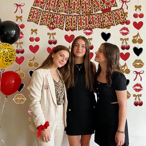 Image of Cheetah Cherry Birthday Party Decorations 8PCS Leopard Hanging Banner Decor Red and Black Cheetah Cherry Print Pattern Card Banner Safari Animal Birthday Party Decorations Sulpplies