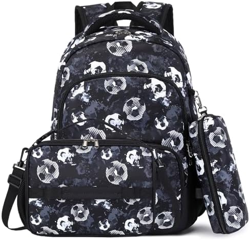 MIRLEWAIY 15.7'' School Backpack Kids 3-Pieces Soccer Backpack Set for Student With Insulated Lunch Bag and Pencil Case, Football, LM34-BKS