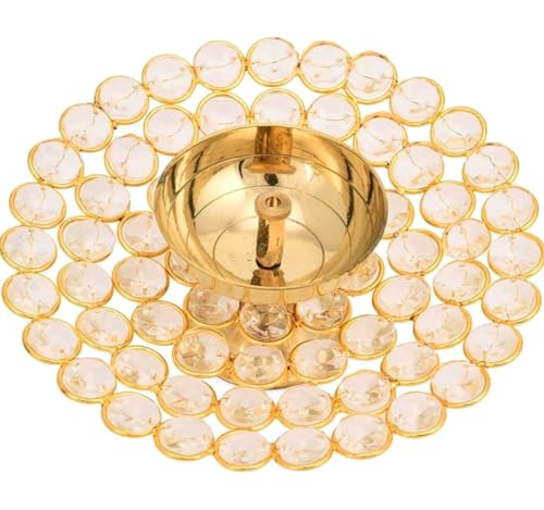 Compact Brass Crystal Oil Akhand Diya for Diwali Decoration & Pooja Traditional Indian Oil Lamp for Festivals & Home Decor Ideal Gift, Pack of 1 (Size: 13 x 4 cm) for Gifting & Celebrations
