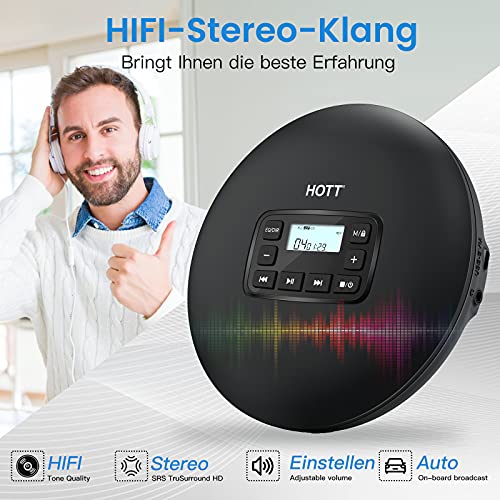 HOTT CD204 Tragbarer CD-Player für Reisen zu Hause und mit dem Auto mit Stereo-Kopfhörern und Anti-Shock-Schutz (schwarz) - Image 4