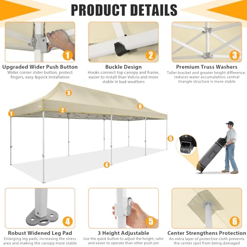Image of HOTEEL 10x30 Heavy Duty Pop Up Canopy, Commercial Instant Canopy for Party Wedding Event, Waterproof UV 50+ & Windproof Outdoor Tent, Upgraded Thick Hexagonal Legs Tent with Wheeled Bag, Khaki