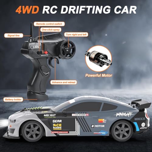Image of Dollox Remote Control Car 1 /16 Scale RC Drift Car 2.4GHz 4WD High Speed 18+KM /H Vehicle with LED Lights and Spray, Extra Drifting Tires Racing Vehicle Toys Birthday Gifts for Adults Boys, 2 Batteries