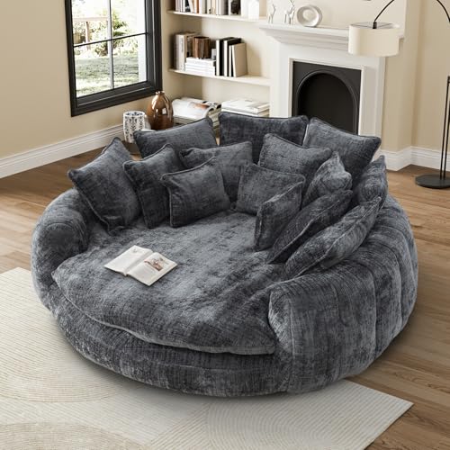 81” Oversized Upholstered Sofa Bed, Round Chaise Lounge Chair Indoor, Fluffy Plush Chaise Lounge, Modern Chenille Cloud Couch with Deep Seat, Comfy Bean Bag Chiar for Living Room Apartment, Dark Grey