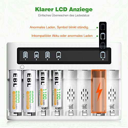 EBL Smart LCD-acculader 8-voudig met 4 AA-batterijen 2800 mAh en 4 AAA-batterijen 1100 mAh, ontlaadfunctie, LCD-display - Afbeelding 7