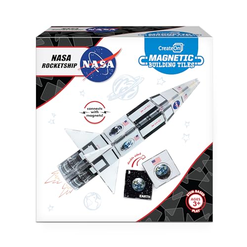 CreateOn NASA Rocketship Magnetic Tile Set Building Set for Kids Magnetic Building Toys for Kids STEM Toys for Boys and Girls Ages 3 and Up 18-Piece Set