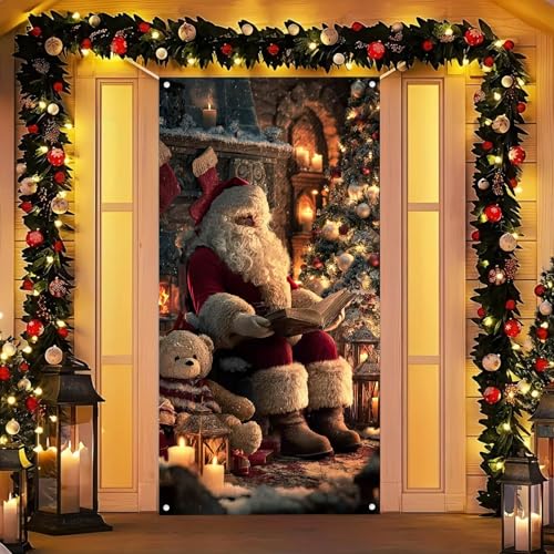 Image of BlissYard Christmas Door Cover Santa Fireplace 35x71 Inch Polyester