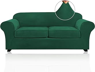 PrinceDeco 3 Pieces Sofa Covers Velvet Couch Covers for 2 Cushion Sofa Soft Sofa Covers for 2 Cushion Couch Width Up to 90 Inch Feature Thick Soft Stay in Plac(Medium-Large, Green)
