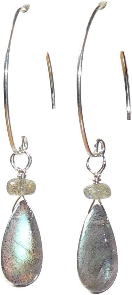 Labradorite Teardrop Dangle Earrings, Sterling Silver with Blue Flash Gemstone, Boho Style, Handcrafted, 1.75 Inch