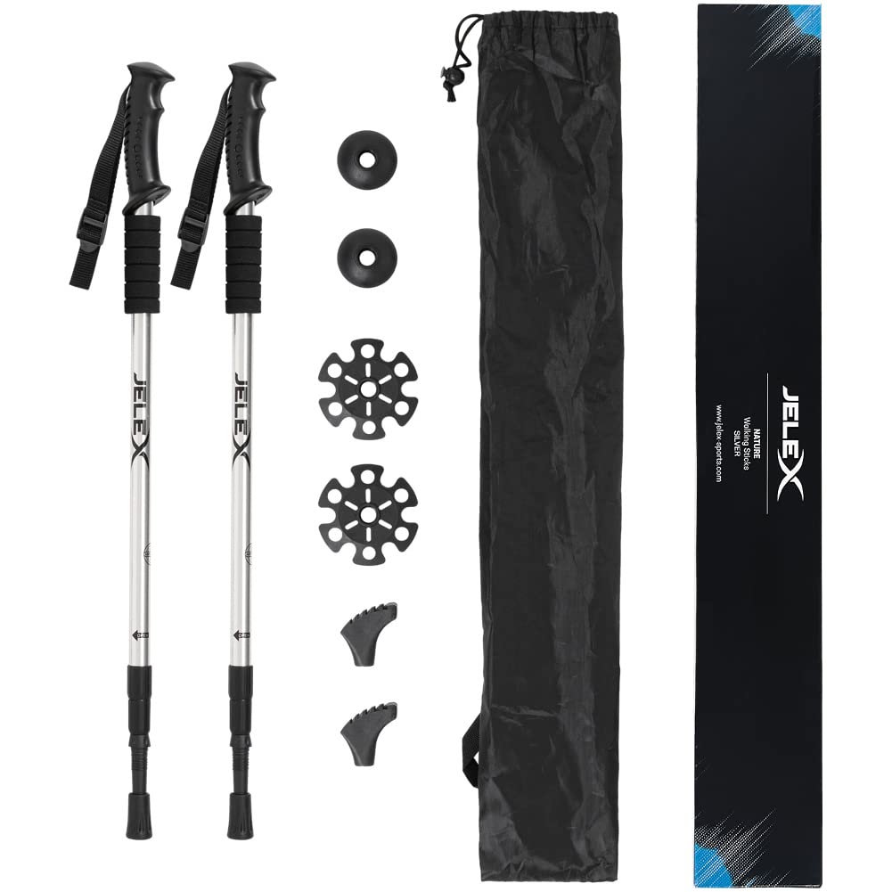 JELEX Nature kijki teleskopowe do nordic walking, regulowane, w zestawie różne nasadki do aktywności na świeżym powietrzu, ultralekkie kijki trekkingowe z technologią Antishock (srebrne)
