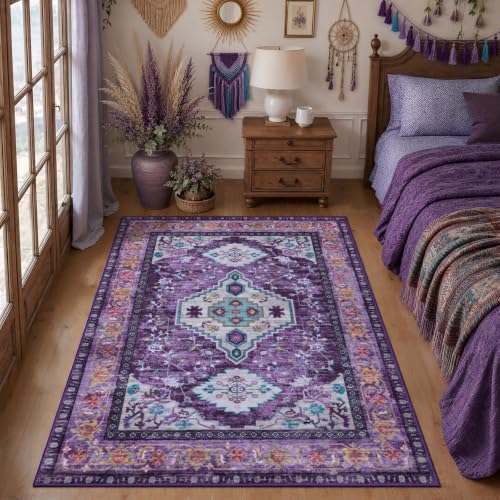 Tangsoo Oriental 3x5 Washable Area Rugs, Purple Non Slip Accent Rug