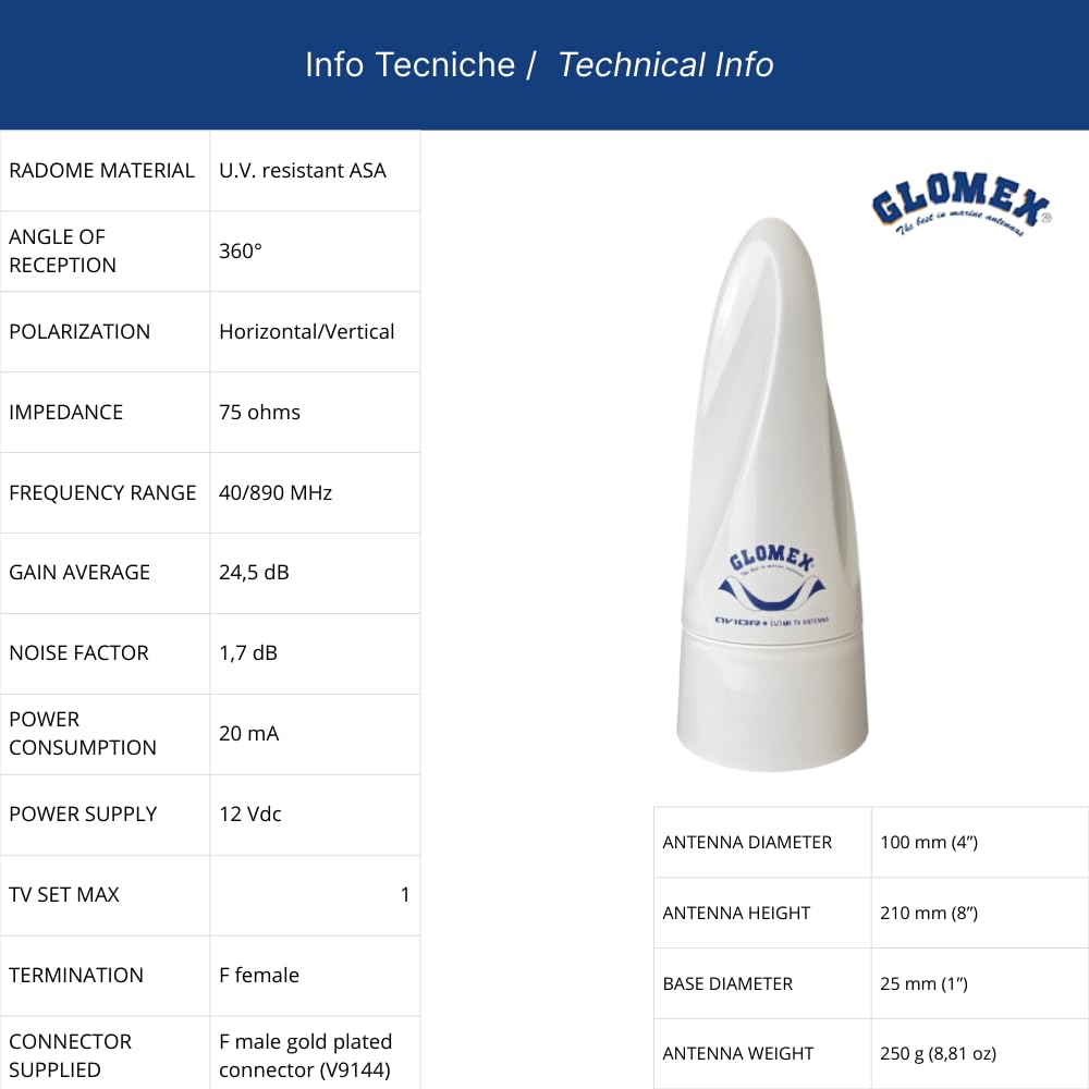 Glomex – Antenne TV terrestre omnidirectionnelle Avior 10 x 21 cm (blanc), modèle VT300 – Amplificateur intérieur, reçoit TV/FM, Kit complet, pour voiliers, moteur, bateaux pneumatiques, yachts