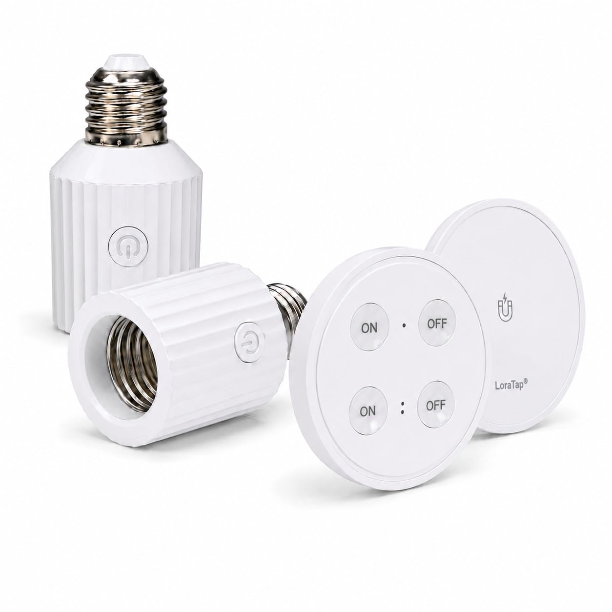 LoraTap Wireless Lamp Holder with Remote Control, Double Lamp Socket Adapter E27, Set of 2 with 4-Button Remote Control, Independent On/Off Control for Ceiling Lamps, Cabinet & Pull Switch Lamps, 60 W