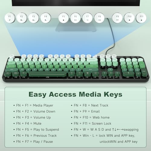 Image of MOFII Computer Keyboard Wired,Round Key Retro Typewriter Keyboard Full Size | USB Plug and Play, for Laptop, PC, Desktop, Windows (Black Green Gradient Color)