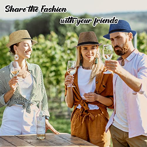 8 Pack Panama Trilby Fedora Straw Sun Hat With Leather Belt Straw Fedora Hats Short Brim Summer Beach Hat For Men Women (Elegant Color) #TOP6