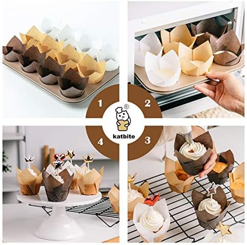 katbite Foremki do muffinek z papieru, 200 sztuk, kubki do pieczenia babeczek, na imprezę, wesele, urodziny, foremki do muffinek w kolorze białym, brązowym, ciemnobrązowym