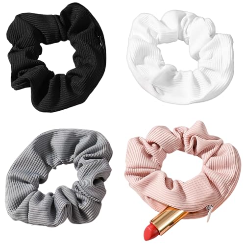 HJZHII 4PCS Pocket Scrunchie Hidden Zipper Scrunchies Hair Ties Stash Scrunchy Large Ponytail Holder Hairs Accessories with Hidden Pocket for Women Girls Thin Thick Hair