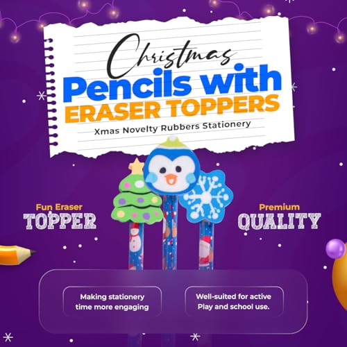 ZOPPER 6 x Christmas Pencils with Festive Eraser Toppers Xmas Gifts for Children Christmas Stationery & Stocking Fillers - Image 2