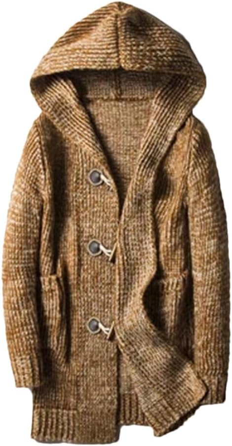 Men's Retro Hooded Mid Length Button Design Knitted Cardigan Jacket Solid Color Casual Loose Sweater Cardigan