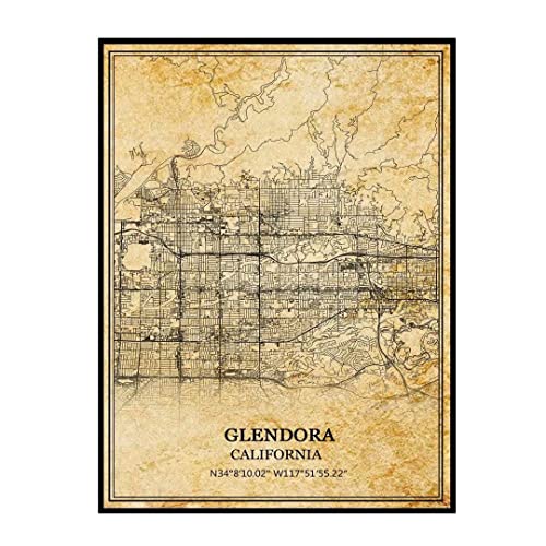 Glendora California Estados Unidos Arte de la pared Vintage Print Poster Canvas Map Artwork Travel Souvenir Gift Home Decor Unframed 16x20 inches