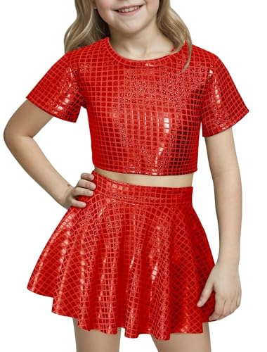 Image of Happy Cherry Kid Girl Shiny Skirt and Top Set 2 Pcs Short Sleeve Metallic Disco Crop Top & Pleated Mini Skirt Set