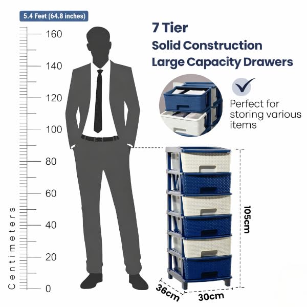 Image of Plastic Modular Drawer Storage Chest Of Drawers Organizer Storage Box, Large Stomo Racks For Multipurpose Anti-slip Shoes Organizers (White & Blue, 7 Layer)