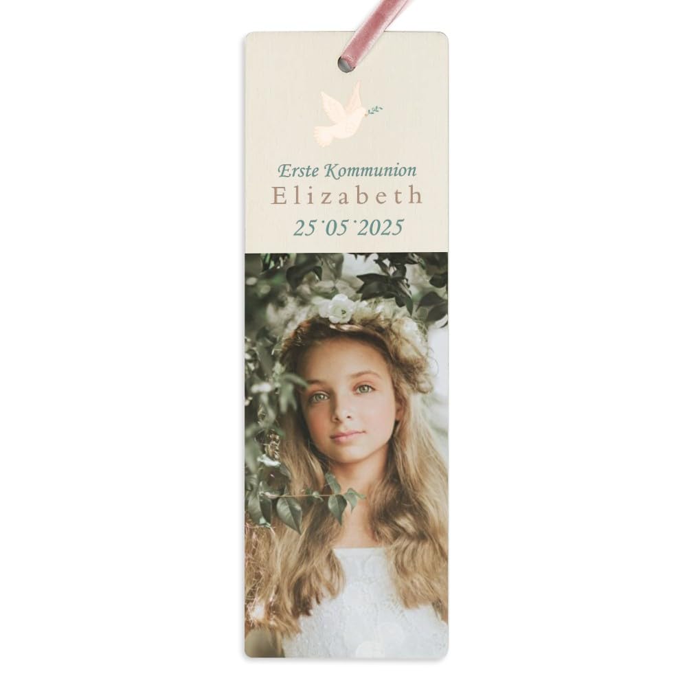 Personalizowany drewniany marker do książek z zdjęciem i tekstem na Prezent Komunię/Baptism