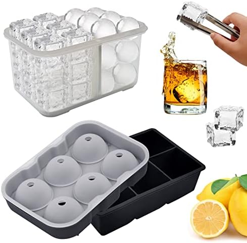 KENTON Ice Cube Trays (Set of 2 with Bin&Lid), Whiskey Ice Cube Mold Round Ice Cube Trays for Freezer, Large Ice Cube Molds Tray Silicone Ice Mold Ice Ball Tray Maker for Whiskey Bourbon Square Ice