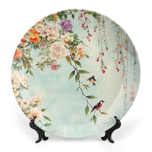 BHTLARNGY Flower Ceramic Decorative Plate, Chinese Style Decorative Dish with Stand, Flower and Bird Painting Bone China Decorative Plates Art Porcelain Plate for Living Room Hallway Table Decor