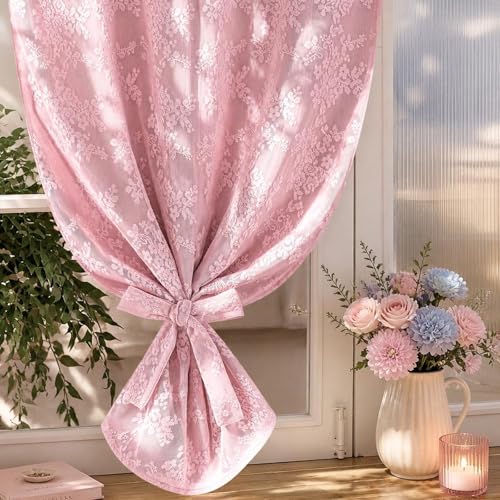Image of Yinhua Pink Kitchen Curtains 36 Inch Length Double Layer Blackout Curtains for Kitchen Rod Pocket Short Curtain for Windows, Small Window Curtain for Bathroom, Living Room, 2 Panels