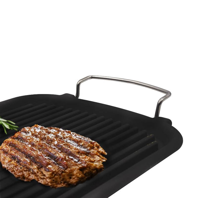 VIRSUS Bistecchiera Rettangolare in Ghisa con 2 Maniglie 230, Misura 24x37 cm, colore Nero, Ghisa Smaltata per Piastra Induzione, Grill Antiaderente per la cottura di Carne, Pesce e Verdure